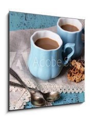 Obraz 1D - 50 x 50 cm F_F71101894 - Cups of coffee with cookies and napkin on wooden table - lek kvy s cookies a ubrousek na devnm stole