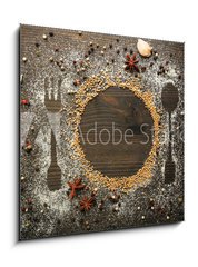 Obraz 1D - 50 x 50 cm F_F73223520 - Spices on table with cutlery silhouette, close-up - Koen na stl s pbory silueta, zavete