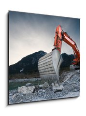 Obraz 1D - 50 x 50 cm F_F81423741 - heavy organge excavator with shovel standing on hill with rocks