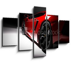 Obraz   Red fast sports car in spotlight, black background. Shiny, new, luxurious., 150 x 100 cm