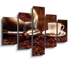 Obraz pětidílný 5D - 150 x 100 cm F_GB11872515 - Coffee cup with burlap sack of roasted beans
