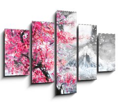 Obraz   oil painting landscape with sakura and mountain, hand drawn illustration, Japan, 150 x 100 cm