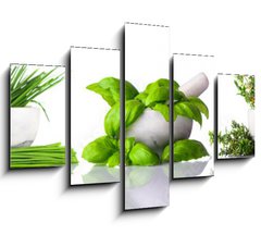 Obraz 5D ptidln - 150 x 100 cm F_GB122892380 - Pestle and Mortar with Green Herbs on White Background