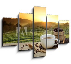 Obraz   Hot Coffee cup with Coffee beans on the wooden table and the pla, 150 x 100 cm