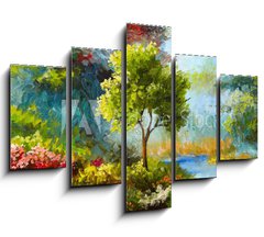 Obraz 5D ptidln - 150 x 100 cm F_GB131023522 - oil painting, flowers and trees near the river, sunset