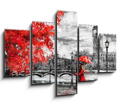 Obraz 5D ptidln - 150 x 100 cm F_GB133948127 - oil painting on canvas, street of london. Artwork. Big ben. man and woman under an red umbrella. Tree. England. Bridge and river