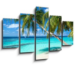 Obraz   coco palms on tropical paradise beach with turquoise blue water and blue sky, 150 x 100 cm