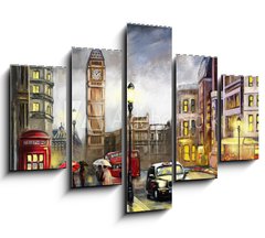 Obraz 5D ptidln - 150 x 100 cm F_GB167015010 - oil painting on canvas, street view of london. Artwork. Big ben. couple and red umbrella, bus and road, telephone. Black car