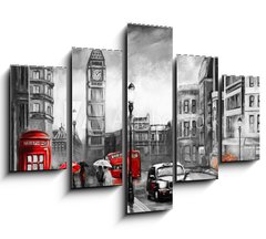 Obraz 5D ptidln - 150 x 100 cm F_GB167015499 - oil painting on canvas, street view of london. Artwork. Big ben. couple and red umbrella, bus and road, telephone. Black car