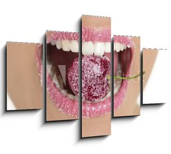 Obraz ptidln 5D - 150 x 100 cm F_GB17169172 - Cherry with sugar between woman teeth - Tee s cukrem mezi enskmi zuby