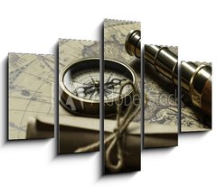 Obraz   Retro compass with old map and spyglass, 150 x 100 cm