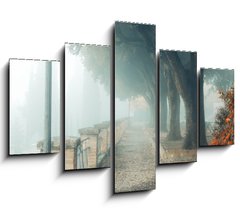 Obraz   A misty morning autumn landscape, an old park foggy alley. Great oak tree park alley, 150 x 100 cm