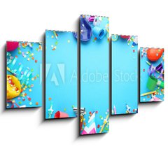 Obraz   Birthday party caps, blowers and candles on blue background, 150 x 100 cm
