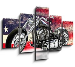 Obraz 5D ptidln - 150 x 100 cm F_GB218075283 - Custom black motorcycle with American flag background with dispersion effects. Made in America concept. 3d rendering