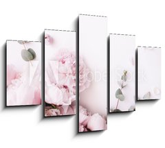 Obraz 5D ptidln - 150 x 100 cm F_GB235909172 - Beautiful, tender fresh blossoming aromatic pink Peony flowers and eucalyptus branches on the white background, top view, flat lay