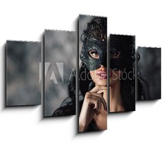 Obraz 5D ptidln - 150 x 100 cm F_GB254214025 - portrait of sexy beautiful woman in lace black erotic lingerie and carnival mask on dark background