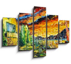 Obraz 5D ptidln - 150 x 100 cm F_GB277362459 - Impressionism oil painting landscape paint art Red sea ship, scarlet sails, sunset over mountains, yellow