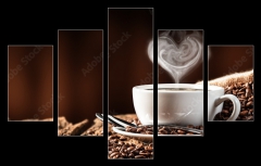 Obraz 5D ptidln - 150 x 100 cm F_GB286399259 - White Cup Of Hot Coffee With Heart Shaped Steam On Old Weathered Table With Burlap Sack And Beans