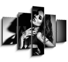 Obraz 5D ptidln - 150 x 100 cm F_GB289833288 - Sexy Young Woman black and white portrait. Seductive young woman in lingerie in darkness. Glamour lady with long hair posing in spotlight. Gorgeous seductive model girl with long hair b