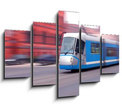 Obraz   Modern blue tram rider fast on rails, 150 x 100 cm