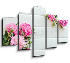 Obraz 5D ptidln - 150 x 100 cm F_GB313371368 - Pink peony flowers on white wooden table. womans day or wedding background. Top view.