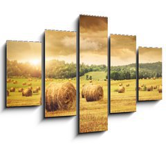 Obraz   Field of freshly bales of hay with beautiful sunset, 150 x 100 cm