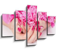 Obraz   Woman cupped hands with pink manicure holding a flower, 150 x 100 cm