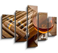 Obraz 5D ptidln - 150 x 100 cm F_GB34951476 - cuban cigar and cognac on wood background - kubnsk doutnk a koak na devnm pozad