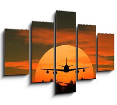 Obraz   airplane flying at sunset over the tropical land with palm trees, 150 x 100 cm