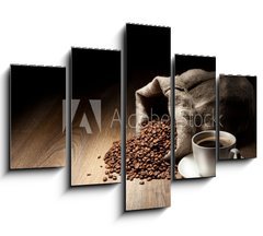 Obraz 5D ptidln - 150 x 100 cm F_GB42711739 - Coffee cup with burlap sack of roasted beans on rustic table - Kvov lek s pytlovm pytlem praench fazol na rustiklnm stole