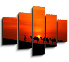 Obraz   camel caravan sillhouette with sunset, 150 x 100 cm