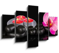 Obraz 5D ptidln - 150 x 100 cm F_GB44325294 - Spa stones with orchid flower and candles isolated on black