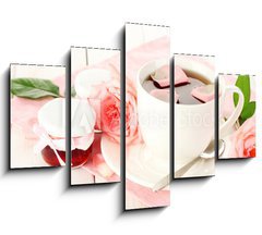 Obraz 5D ptidln - 150 x 100 cm F_GB45499429 - cup of tea with roses and jam on white wooden table