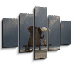 Obraz 5D ptidln - 150 x 100 cm F_GB48939769 - elephant and dog sit under the rain - slon a pes sed pod d隝