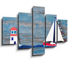 Obraz 5D ptidln - 150 x 100 cm F_GB53456935 - Sommerlicher Hintergrund aus Holz in Blau mit Segelboot