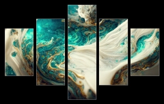 Obraz 5D ptidln - 150 x 100 cm F_GB538117667 - Spectacular image of teal and white liquid ink churning together, with a realistic texture and great quality for abstract concept. Digital art 3D illustration.