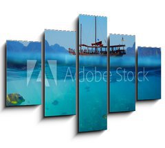 Obraz 5D ptidln - 150 x 100 cm F_GB61530443 - Tropical underwater shot splitted with ship and sky - Tropick podvodn vstel rozdlen lod a oblohou