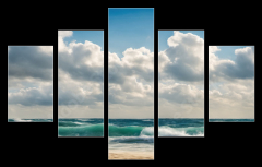 Obraz 5D ptidln - 150 x 100 cm F_GB629716136 - Ocean coast panorama in calm weather with small waves, blue sky, white clouds and bright sun. Seascape illustration. Generative AI