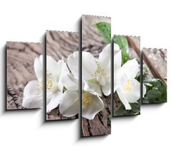 Obraz 5D ptidln - 150 x 100 cm F_GB66432530 - Jasmine flowers over old wooden table. - Jasmnov kvtiny nad starm devnm stolem.