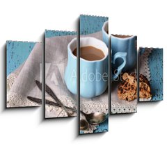 Obraz 5D ptidln - 150 x 100 cm F_GB71101894 - Cups of coffee with cookies and napkin on wooden table - lek kvy s cookies a ubrousek na devnm stole