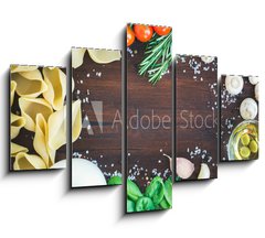 Obraz 5D ptidln - 150 x 100 cm F_GB74036743 - Pasta ingredients: conchiglioni,mushrooms, a jug of cream, olive - Psady tstovin: konchiglioni, houby, dbnek smetany, olivy