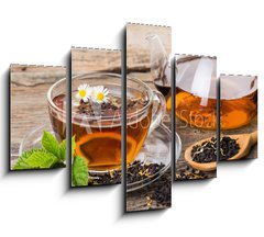 Obraz 5D ptidln - 150 x 100 cm F_GB76902225 - Tea composition with mint leaf on wooden palette