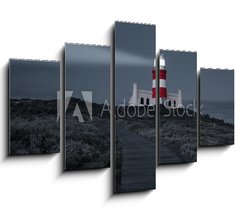 Obraz   Lighthouse with shining light in darkness and dark blue clouds a, 150 x 100 cm