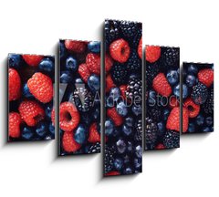 Obraz 5D ptidln - 150 x 100 cm F_GB78821273 - blueberies, raspberries and black berries shot top down - blueberies, maliny a ern bobule zastelen shora dol