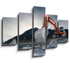 Obraz 5D ptidln - 150 x 100 cm F_GB81423741 - heavy organge excavator with shovel standing on hill with rocks