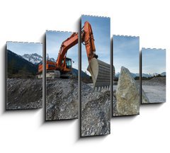 Obraz 5D ptidln - 150 x 100 cm F_GB81767561 - huge shovel excavator standing on gravel hill with stone rock - obrovsk lopatov rypadlo stojc na trkovm kopci s kamennou sklou