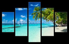 Obraz 5D ptidln - 150 x 100 cm F_GB86277577 - coco palms on tropical paradise beach with turquoise blue water and blue sky - kokosov palmy na pli tropickho rje s tyrkysov modrou vodou a modrou oblohu