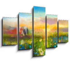 Obraz 5D ptidln - 150 x 100 cm F_GB90987549 - Oil painting  flowers dandelion, cornflower, daisy in fields. Sunset  meadow landscape with wildflower, hill and sky in orange and blue color background. Hand Paint summer floral Impressionist style