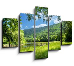 Obraz   summer landscape with river and blue sky, 150 x 100 cm