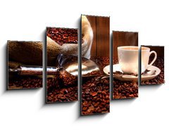 Obraz pětidílný 5D - 125 x 70 cm F_GS11872515 - Coffee cup with burlap sack of roasted beans